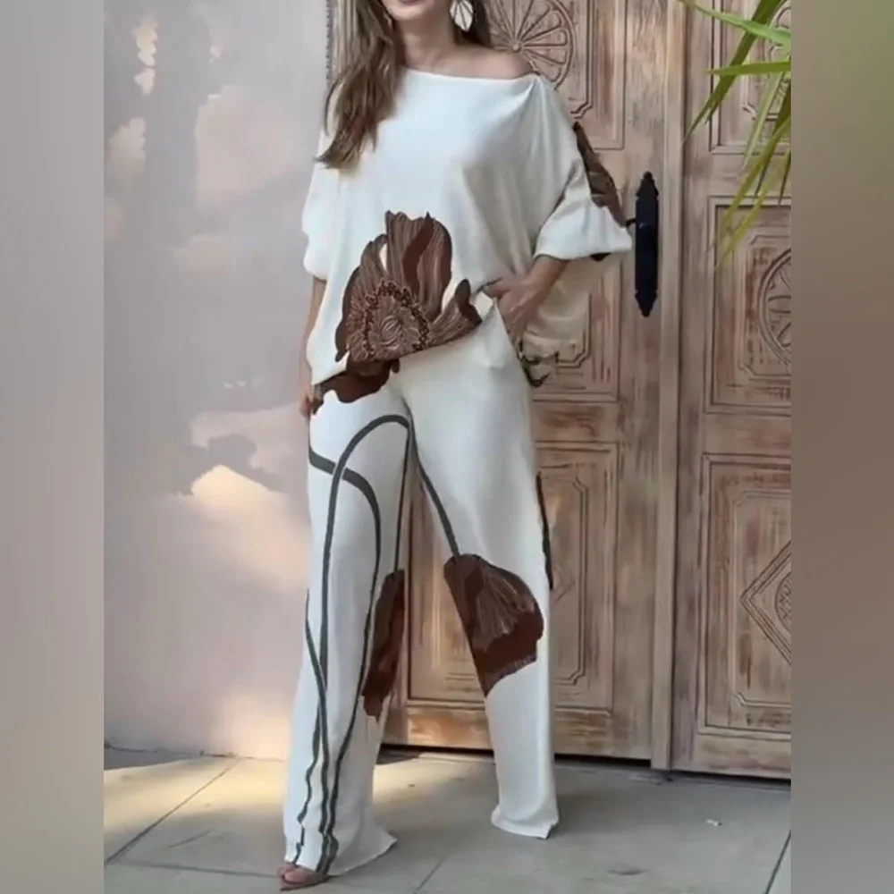 Elegant White and Brown Floral pants set - Picture 2 of 5